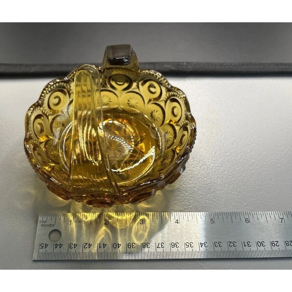 MOON & STARS L.E. Smith Amber Split Handle VTG Candy / Trinket Dish 5”